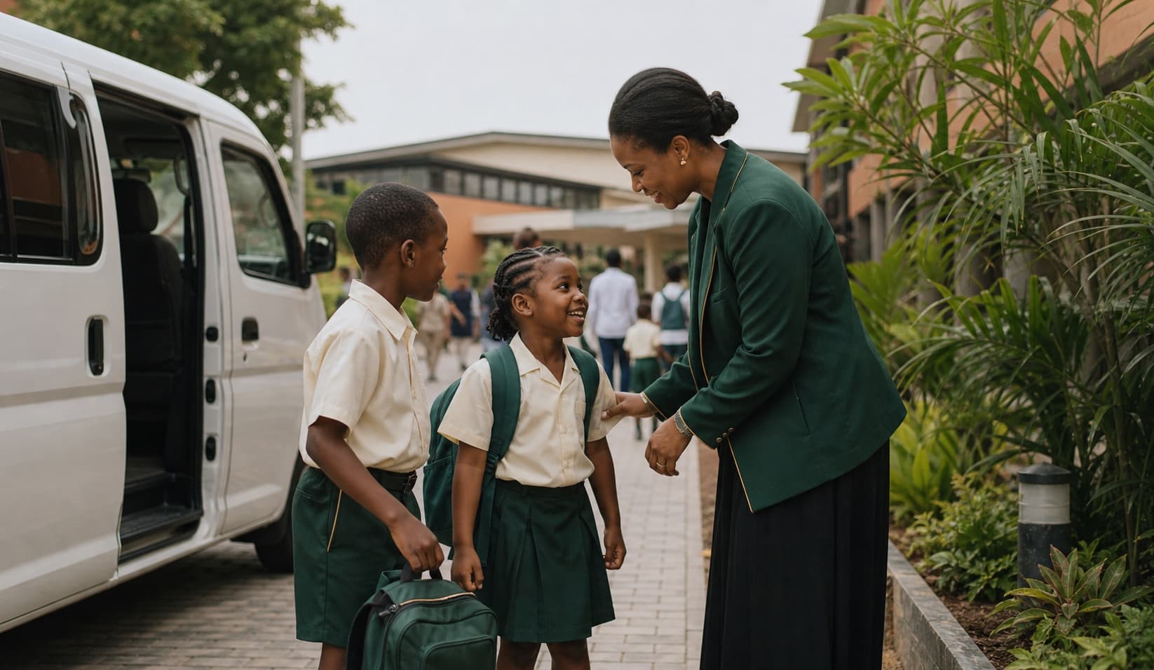 Shepherdsfield pupils greeted by a member of staff after arriving safely by school transport