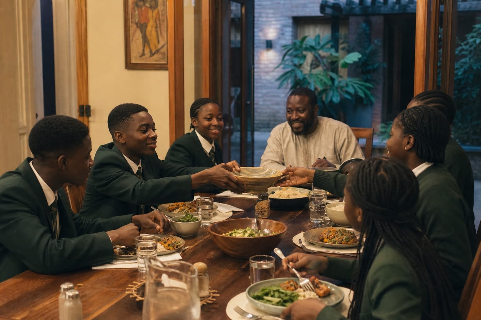 Nigerian boarding pupils sharing supper with their resident house parent