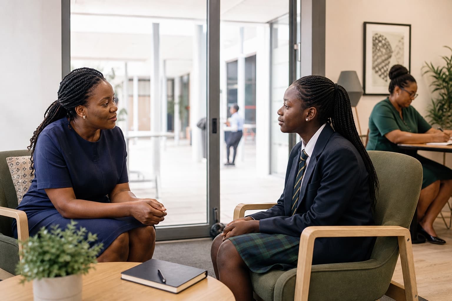 A Shepherdsfield form tutor listening to a pupil in an open, supervised wellbeing space